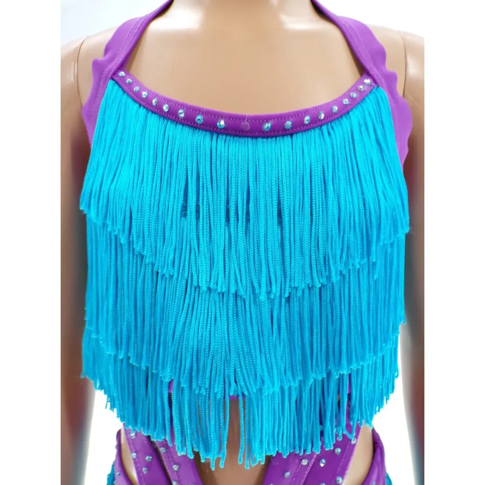 Pre-Owned Dance Costume Weissman  Intermediate Child Turquoise Fringe Jazz Tap